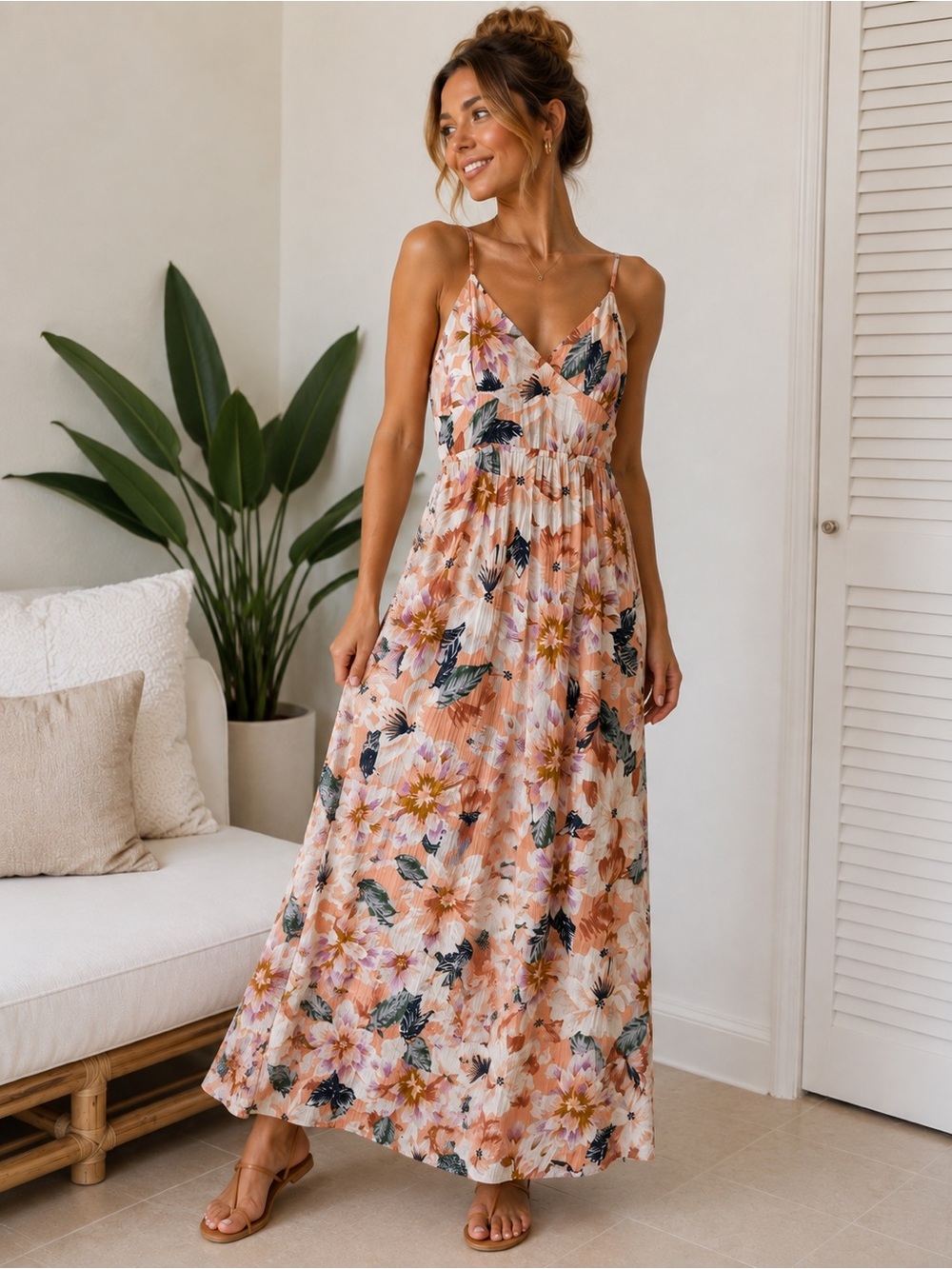 Rip Curl Peach Floral Maxi Dress with Green and White Accents